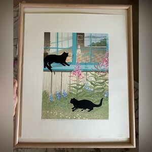 🌸VINTAGE LITHOGRAPH SIGNED 90s CAT FARMHOUSE COTTAGECORE